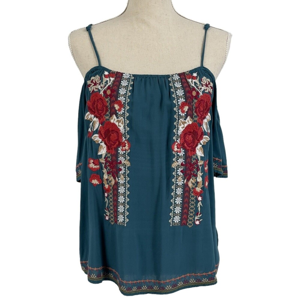 Andree By Unit Womens Short Sleeve Off Shoulder Blouse Boho Floral Embroidered M